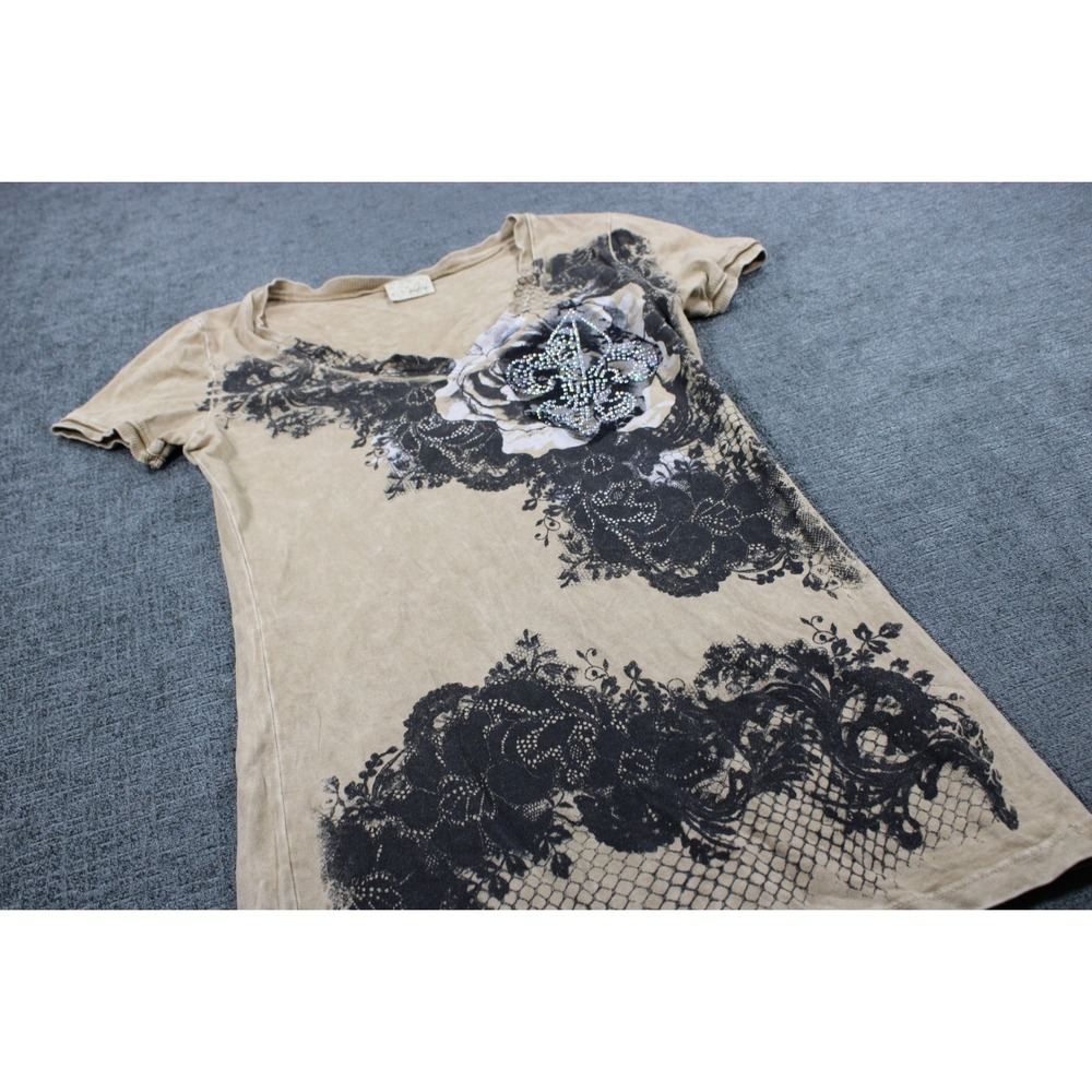 Daytrip Womens Tan Acid Wash Rhinestone Fleur De Lis Graphic V-Neck Tee Shirt